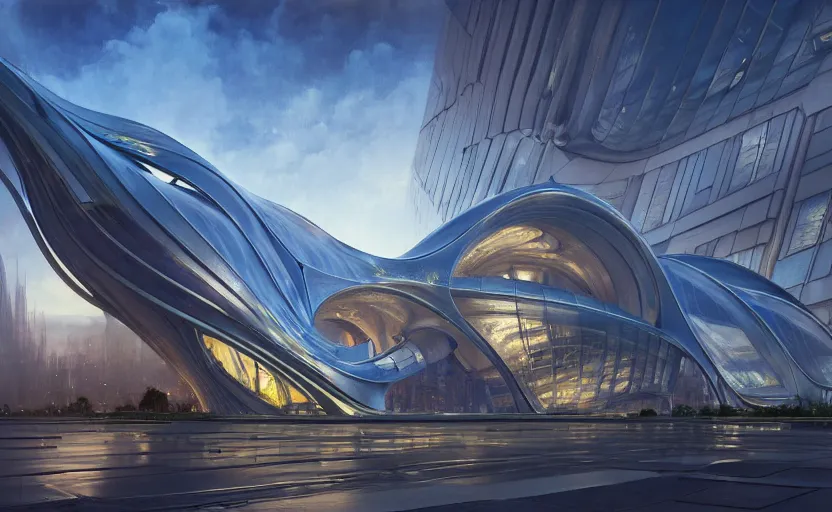 Image similar to exterior shot of utopian architecture transparent building with cinematic lighting by zaha hadid and renzo piano, darek zabrocki and greg ruthkowski, alphonse mucha, simon stalenhag, cinematic, stars, beautiful, holy place, paradise, scifi, futurism, atmospheric, concept art, artstation, trending on artstation