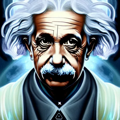 Image similar to portrait painting of albert einstein as a cyberpunk technician with a halo and devil horns, ultra realistic, concept art, intricate details, eerie, highly detailed, photorealistic, octane render, 8 k, unreal engine. art by artgerm and greg rutkowski and magali villeneuve and alphonse mucha