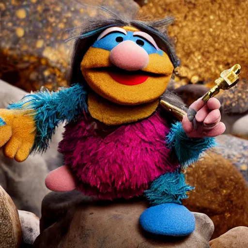 Image similar to an artificer dwarf muppet character with an obsession for gold and gems who loves to sleep on rocky terrain, sesame street, photograph, photography, ultrarealistic, national geographic