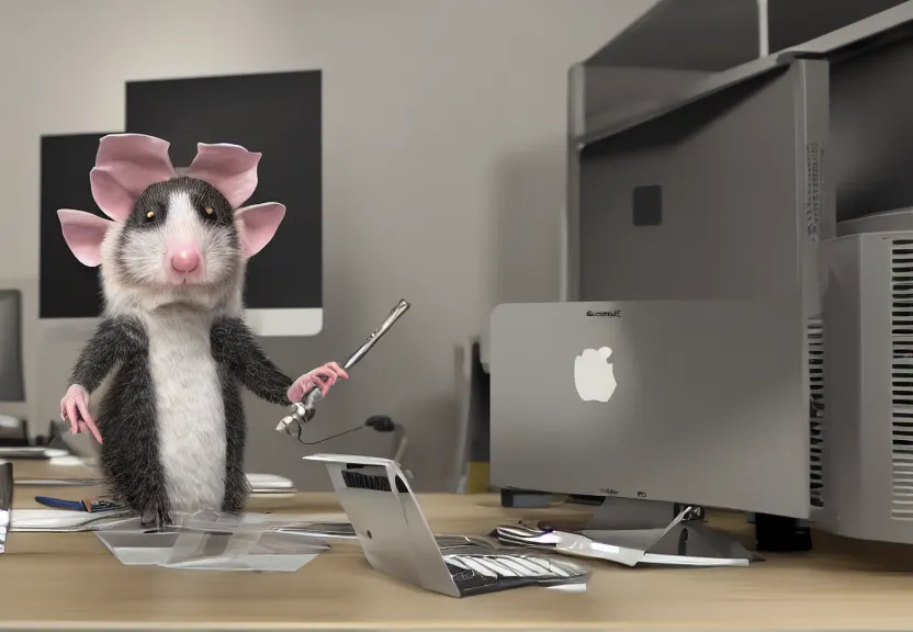 Prompt: possum dressed as an office worker, working on a desktop computer, in a modern office, highly detailed, 4k, trending on Artstation, award-winning