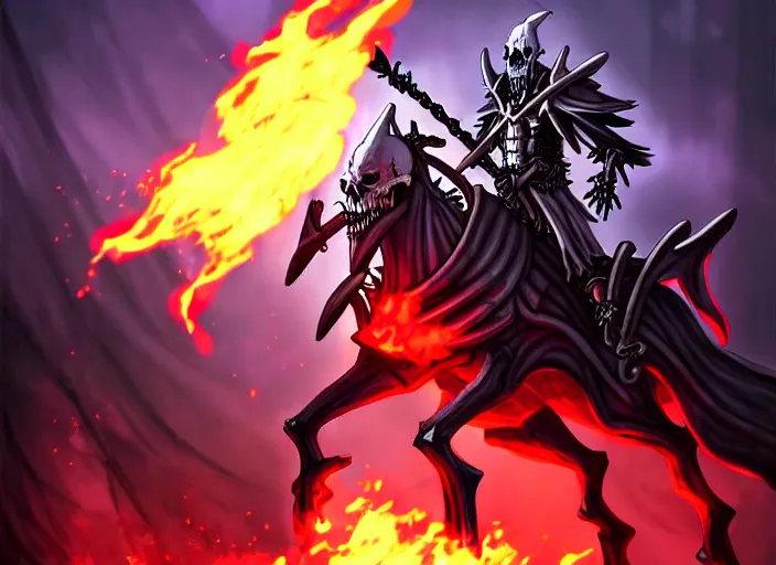 Image similar to ainz ooal gown leading the undead army to battle riding a flaming skeleton horse, art by so - bin