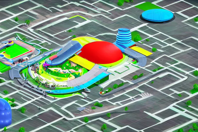 Prompt: isometric view of a futuristic high - tech sky arena inspired by modern skate parks and modern chinese playgrounds in the style of mario 3 d world, day