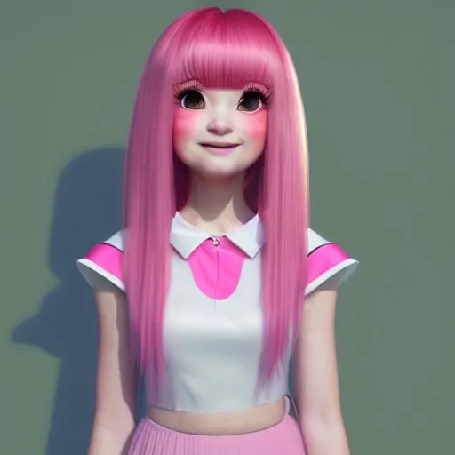 Prompt: Portrait of Nikki from Shining Nikki and Love, a cute 3d cgi toon young woman with long light pink hair, full bangs, hazel eyes, full face, light makeup, pale skin, Chinese heritage, cute outfit, medium shot, mid-shot, soft focus, 4k, trending on artstation, as a Pixar character