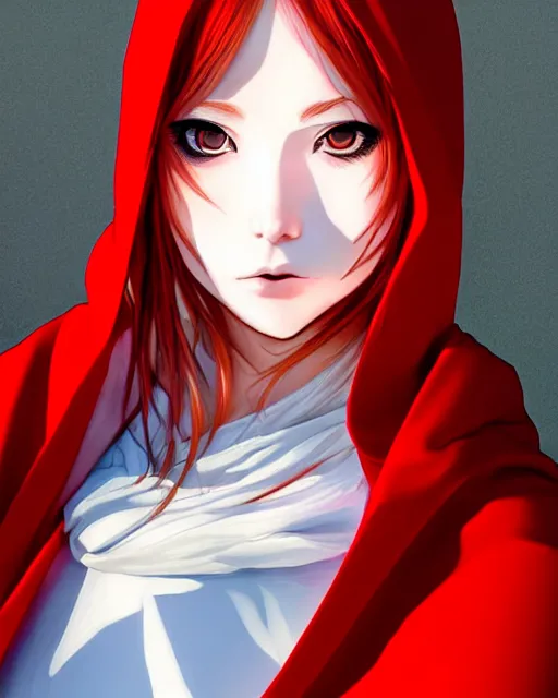 Image similar to portrait Anime white woman with red hair; cloak with hood || pretty face, realistic shaded Perfect face, fine details. Anime. realistic shaded lighting by Kim Jung Gi