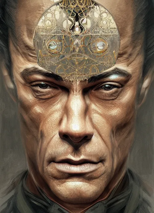 Image similar to symmetry!! jean claude van damme, machine parts embedded into face, intricate, elegant, highly detailed, digital painting, artstation, concept art, smooth, sharp focus, illustration, art by artgerm and greg rutkowski and alphonse mucha, 8 k