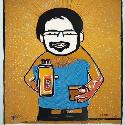 Prompt: a man happily drinks beer, art created by Kimitake Yoshioka.