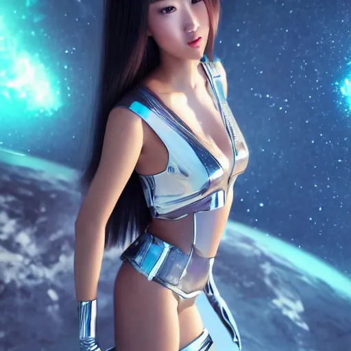 Prompt: a portrait of a full body beautiful asian girl, young with long hair, wearing futuristic space suit, space horror themed, hyper - realistic, very detailed, intricate, very sexy pose, slight smile expression, photo realistic, dramatic cinematic lighting, octane render, 4 k, ultra detailed