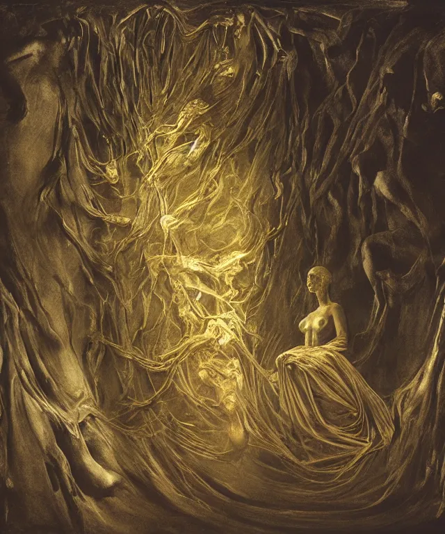 Image similar to The dark room without doors and windows with beautiful full-body wax sculpture of the glowing transparent woman with visible golden bones inside her in the singularity where stars becoming baroque folds of dark matter by Michelangelo da Caravaggio, Nicola Samori, William Blake, Alex Grey and Beksinski, dramatic volumetric lighting, super detailed oil painting, 8k, masterpiece