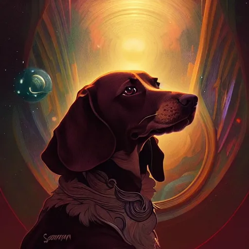 Image similar to Portrait of dog in space, dark fantasy, intricate, elegant, highly detailed, digital painting, artstation, concept art, smooth, sharp focus, illustration, art by Sam Youn and Fernanda Suarez and Artem Demura and alphonse mucha