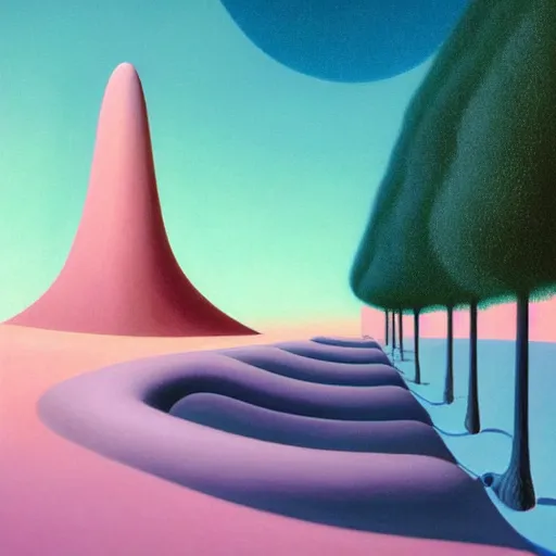 Prompt: pop - surrealist painting of an infinity machine, octane render, unreal engine, trees and pines everywhere, very nice pastel colors, lights and shadows, glowing hot sun, very coherent, houdini algorithmic generative art, painted by edward hopper, wayne barlowe, painted by james gilleard, airbrush, art by jamesjean