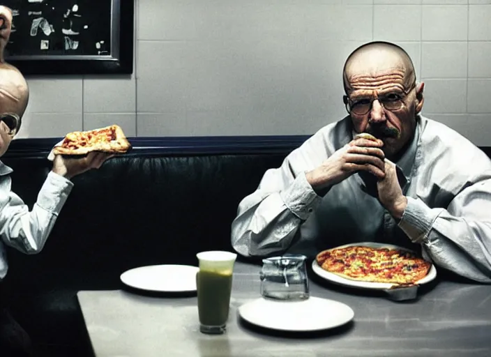 Prompt: portrait of walter white eating pizza sitting with president obama at chuck - e - cheese, dramatic lighting, moody film still from breaking bad ( 2 0 1 2 ), 3 5 mm kodak color stock, 2 4 mm lens, directed by rian johnson, ecktochrome