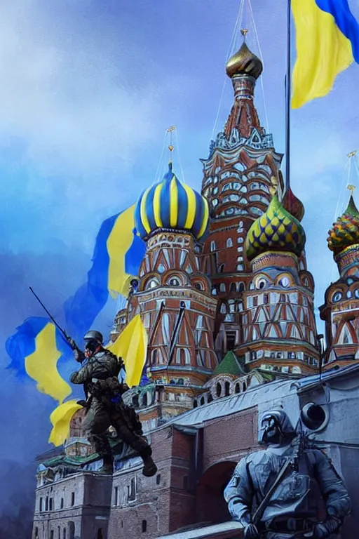 Image similar to special forces soldier raising ukrainian blue and yellow flag, kremlin st. basil cathedral in the background, masculine figure, d & d, fantasy, bright atmosphere, volumetric lights, intricate, elegant, extremely detailed, digital painting, artstation, concept art, matte, smooth, sharp focus, hyper realistic, illustration, art by artgerm and greg rutkowski and alphonse mucha