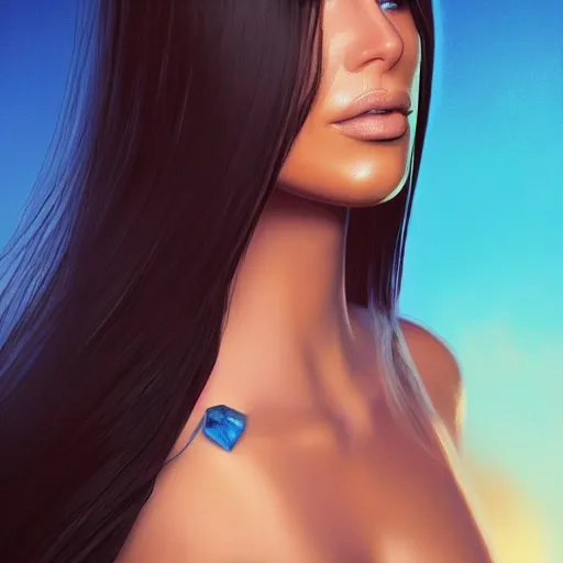 Image similar to Arab Kim Kardashian, Crystal blue eyes, long hair, full pov, leather, oil colors, elegant, sharp focus, beautiful face, Hyper-realistic, Highly Detailed, HD, Dramatic Lighting by Brom, by beeple, studio ghibli, wallpaper, highly detailed, trending on artstation