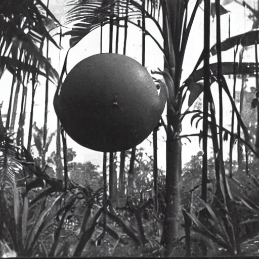 Prompt: a rizom lost film footage of a trabal sphere in the middle of the tropical jungle / object / abstract / modernism / film still / cinematic / enhanced / 1 9 2 0 s / black and white / grain