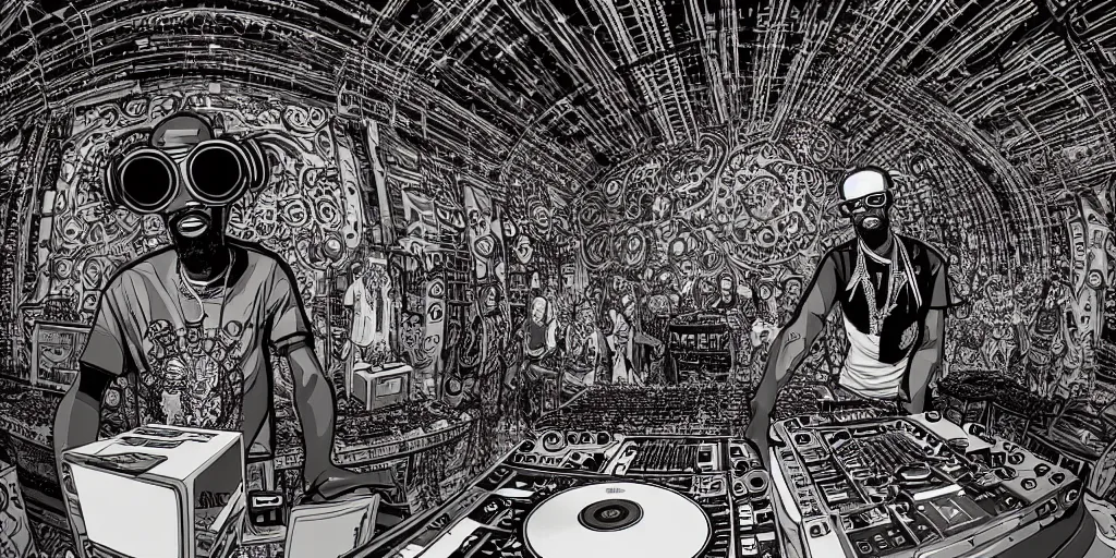 Prompt: intricate detailed artwork of a futuristic dj black coffee at an underground warehouse rave in Ibiza playing afro house music using cdj mixer to thousands of dancing ravers, in the style of Geof Darrow, no hair, vr sunglasses, beard, wires, speakers, neon