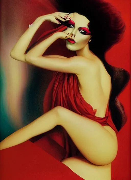 Image similar to an 8 0 s portrait of a woman with dark eye - shadow and red lips with dark slicked back hair dreaming acid - fueled hallucinations by serge lutens, rolf armstrong, delphin enjolras, peter elson