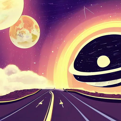 Prompt: 1960s car on a road in space driving towards a planet, trending on art station