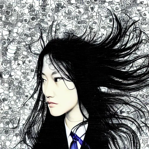 Image similar to yoshitaka amano realistic photo of a young woman with black eyes and long wavy white hair wearing dress suit with tie and surrounded by abstract junji ito style patterns in the background, blurry and dreamy illustration, david lynch, twin peaks, noisy film grain effect, highly detailed, weird portrait angle