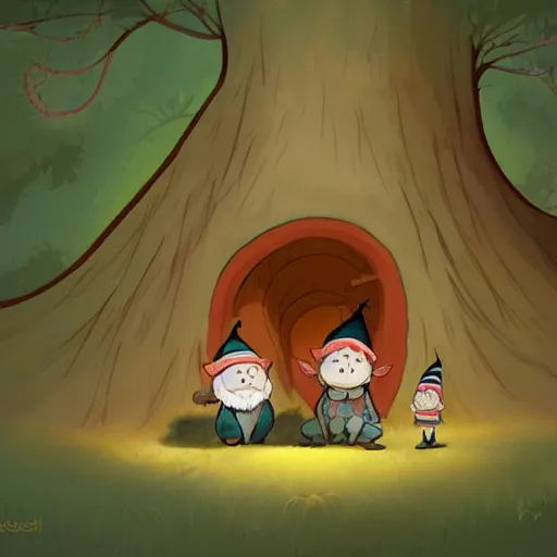 Prompt: a family of gnomes living inside a hollow in a tree, illustration by kerascoet, dynamic lighting