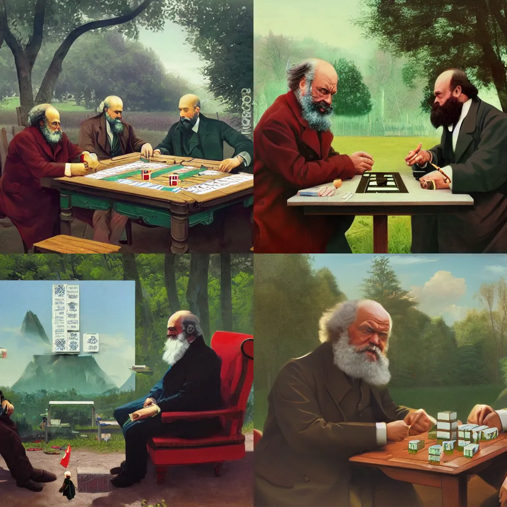 Prompt: karl marx and lenin playing mahjong in park by stalenhag and rutkowski, concept art, oil painting, detailed