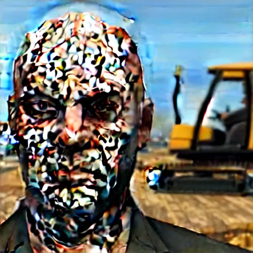 Image similar to Bald man sitting in excavator, closeup, GTA V poster