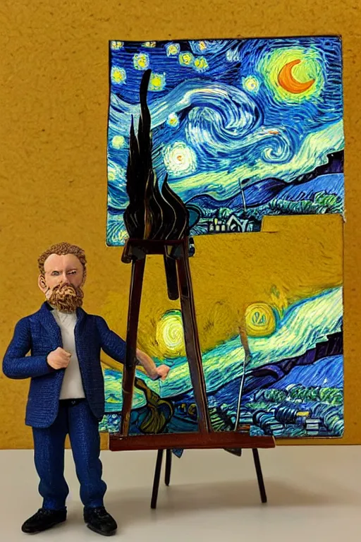 Prompt: joyous, fit, powerful, vincent van gogh standing next to his small painting starry night which is on an easel, stop motion vinyl action figure, plastic, toy, butcher billy style