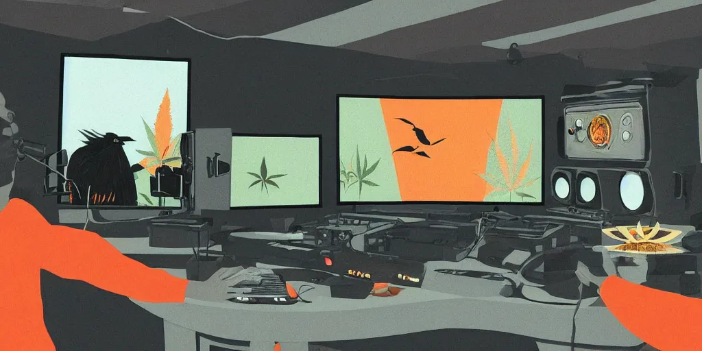 Image similar to 'black chicken'!!! smoking 'cannabis'!!!!!! in front of 'audio console'!!!! and 'multi monitors'!!!! 'in a hi-tech tv broadcasting studio'!!!!, artwork by James Gilleard