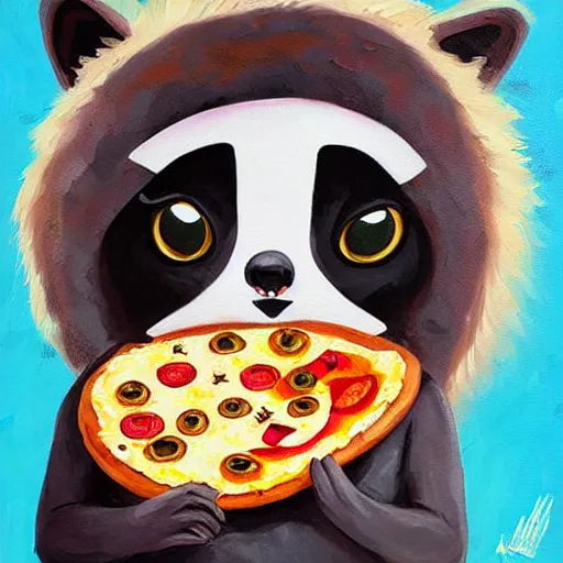 Prompt: an adorable and cute jeremiah ketner acrylic impasto! painting! of a crying, sad raccoon eating pizza