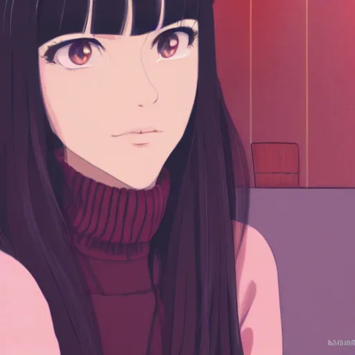 Prompt: a portrait of a beautiful girl with long black hair and bangs, wearing a red turtleneck sweater, she has red colored eyes and pale skin, sitting in a cafe alone, cafe background, nighttime, low-key neon lighting, 4k, HQ, official media, anime key visual, makoto shinkai, ilya kuvshinov, lois van baarle, rossdraws, detailed, trending on artstation