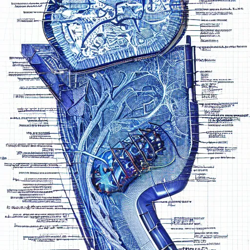 Prompt: liver anatomy concept art, blue print, texture of electronic circuit, intricate details, da vinci