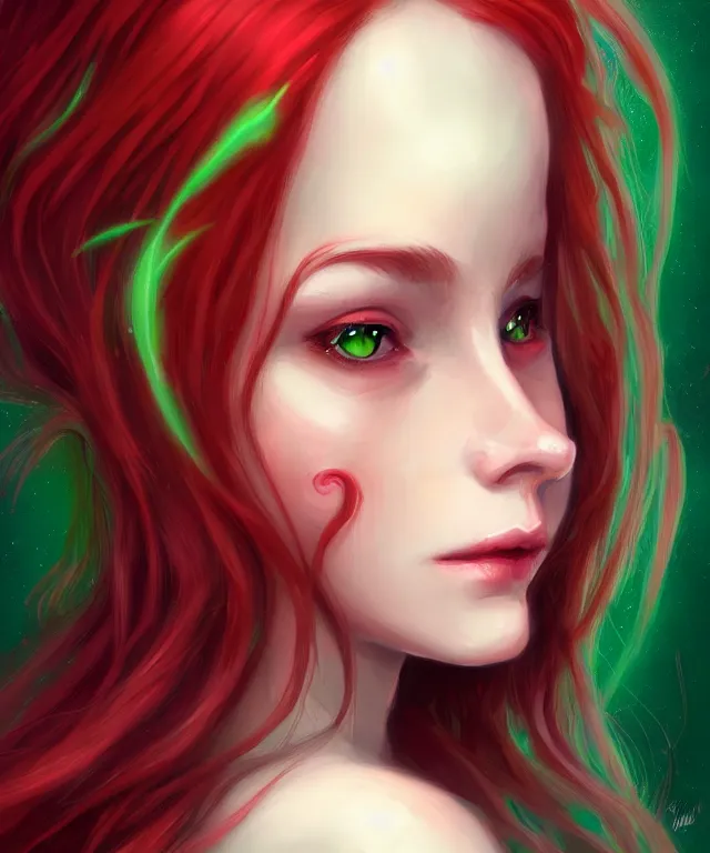 Prompt: Fae teenage girl, portrait, face, long red hair, green highlights, fantasy, intricate, elegant, highly detailed, digital painting, concept art, smooth