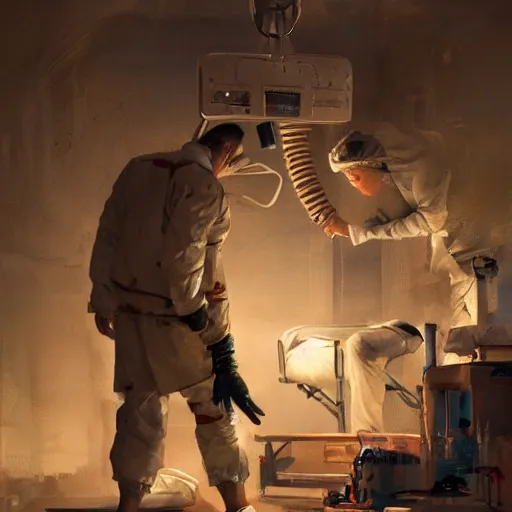 Image similar to A surgeon desperately trying to save his patient, oil painting by Cedric Peyravernay, highly detailed, cinematic concept art, dramatic lighting