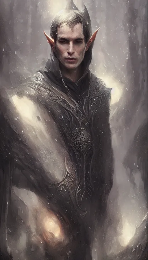 Prompt: Portrait of an elven man wearing a black cloak, male, detailed face, fantasy, highly detailed, cinematic lighting, digital art painting by greg rutkowski