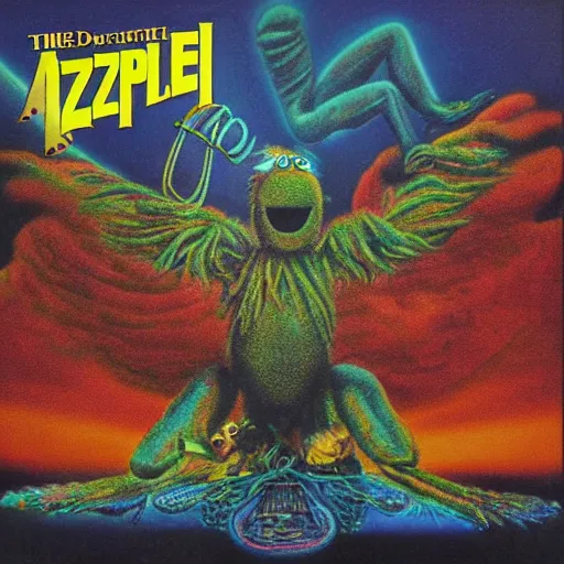 Prompt: animal the muppet on led zeppelin album cover, 8 k resolution hyperdetailed scary dystopian surrealism style of alex grey