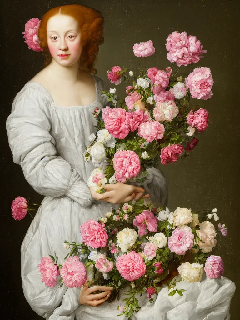 Prompt: Dutch style, Renaissance studio portrait painting of a beautiful, young woman with rosy cheeks, luscious, voluminous, curly red hair adorned with many pink and white flowers, cherry blossoms, peonies, white roses, baby's breath flowers, wearing a white lace dress, against a sea green textured backdrop, in the style of Jan Davidzoon de Heem,
