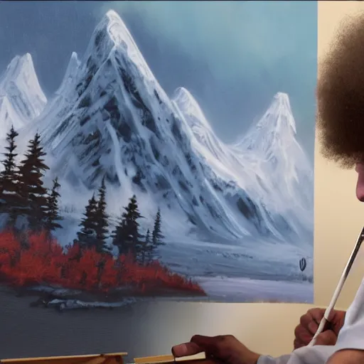 Image similar to a closeup photorealistic photograph of bob ross working on a canvas painting of darth vader. film still. brightly lit scene. mountains and trees. this 4 k hd image is trending on artstation, featured on behance, well - rendered, extra crisp, features intricate detail, epic composition and the style of unreal engine.