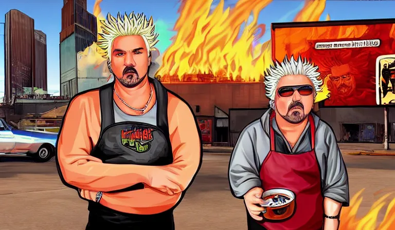 Prompt: guy fieri in gta vi : flavortown loading screen art by stephen bliss