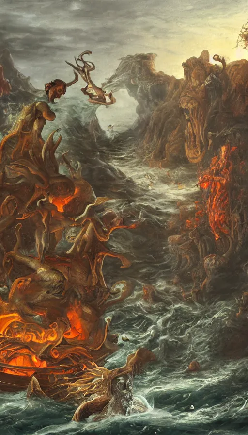 Image similar to man on boat crossing a body of water in hell with creatures in the water, sea of souls, by jason de graaf