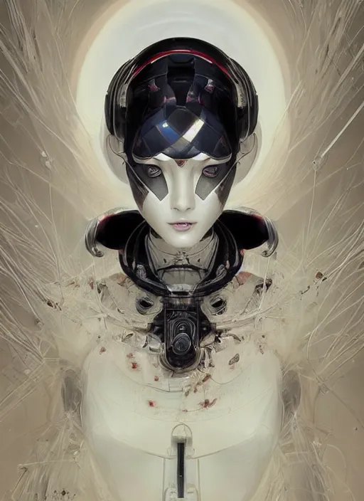 Image similar to portrait of a futuristic geisha cyborg, in the style of ghost in the shell, kintsugi, modern fine art, fractal, intricate, elegant, highly detailed, digital photography, richard avedon and greg rutkowski,