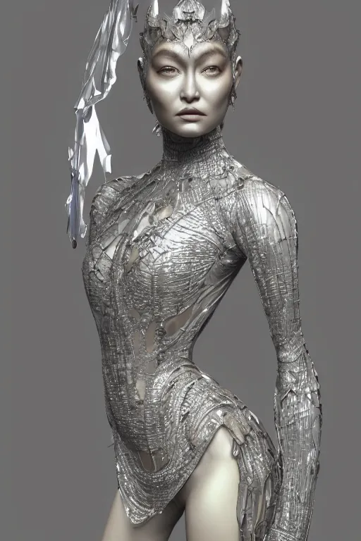 Prompt: a highly detailed medium shot 8 k render portrait of an alien goddess gigi hadid in iris van herpen dress schiaparelli in diamonds and jewelry in style of alphonse mucha trending on artstation made in unreal engine 4