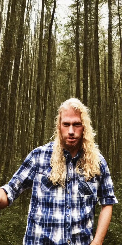 Image similar to tall!!! (((blond))) man wearing a flannel shirt in a forest, long wavy hair, long blond hair, blond, forest, trees, flannel shirt, lumbarjack, photo, low angle photo,