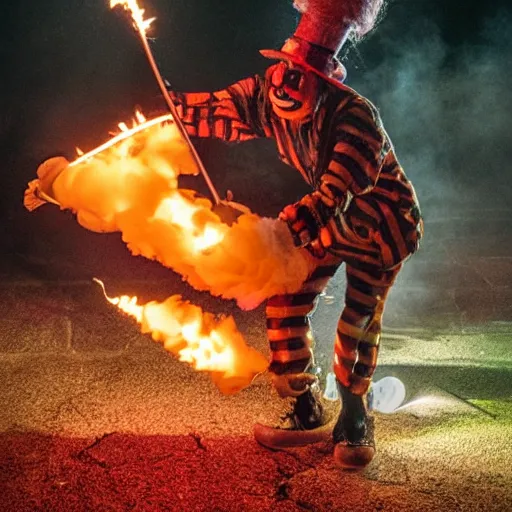 Prompt: photo of a clown using a flamethrower projecting a long flame. award-winning, highly-detailed