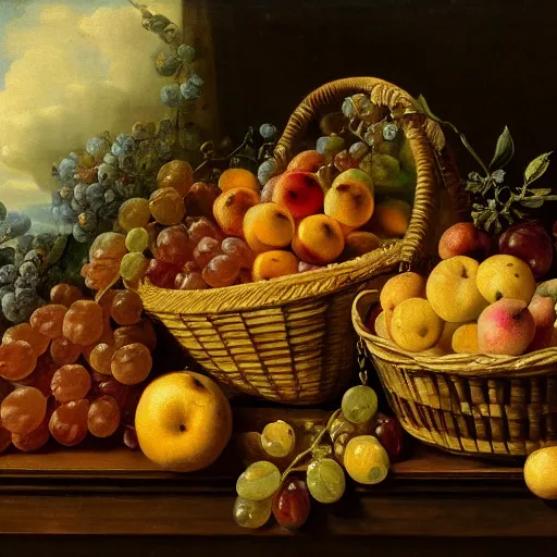 Image similar to a painting of a basket of fruit on a table, a still life by jan davidsz. de heem, deviantart, rococo, dutch golden age, rococo, oil on canvas