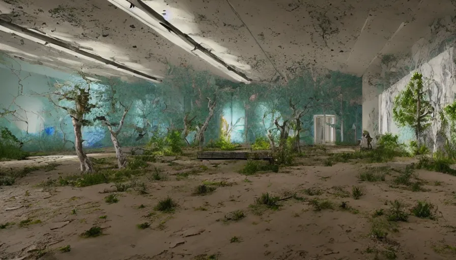 Image similar to robotic painters draw lush landscapes in an abandoned art gallery, 4 k, cinematic lighting