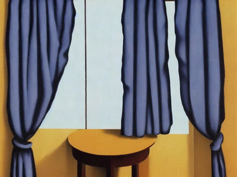 Image similar to clouds painted on curtains , painting by rene magritte, centered, high detail, high resolution