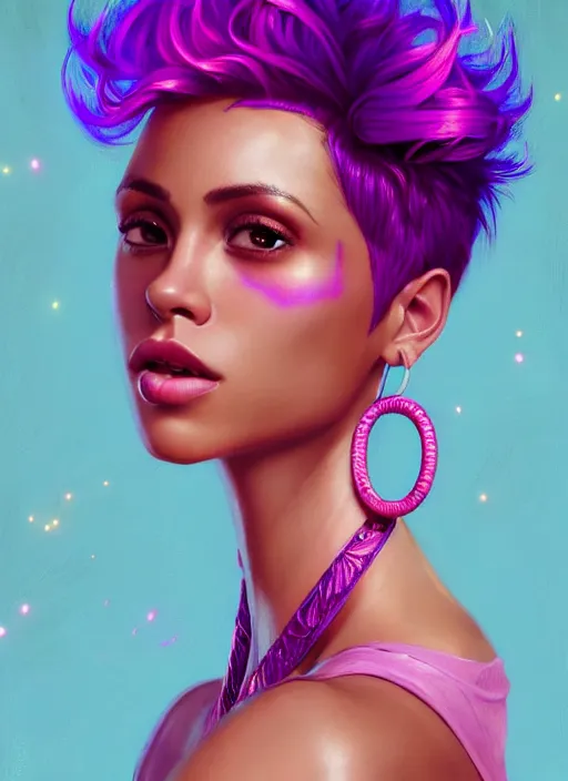 Image similar to portrait of vanessa morgan with bright pink hair, curly pixie cut hair, wearing a purple breton cap, breton cap, hoop earrings, intricate, elegant, glowing lights, highly detailed, digital painting, artstation, concept art, smooth, sharp focus, illustration, art by wlop, mars ravelo and greg rutkowski