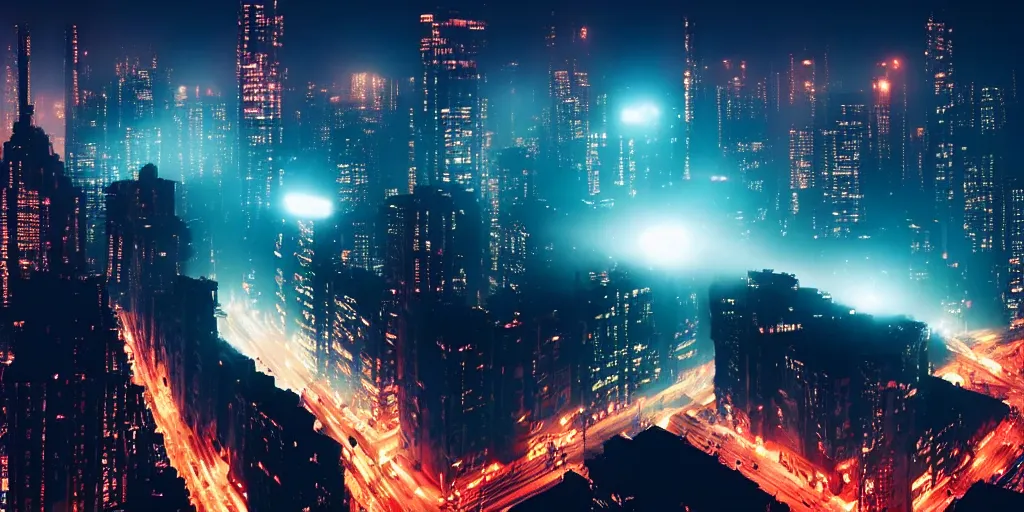 Image similar to giant illuminated billboards, megacity streets seen from above, neon signs, eerie fog, blade runner, ex machina