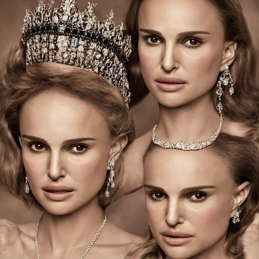 Prompt: natalie portman as the queen of england, big crown adorned with emerald, diamonds, topaz and other jewellaries, sensual, beautiful soft light failling on her face, zoomed out, studio photography, nikon 3 5 mm portrait photography, ultra realistic