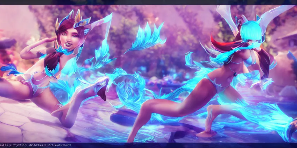 Image similar to character sheet render of pool party Ahri (wild rift). 3d, octane render, realistic, highly detailed, trending on artstation