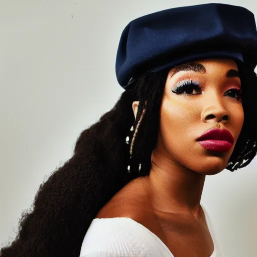 Prompt: sza with a beret in a retrofuturistic city, retro futuristic fashion, photography award winning,